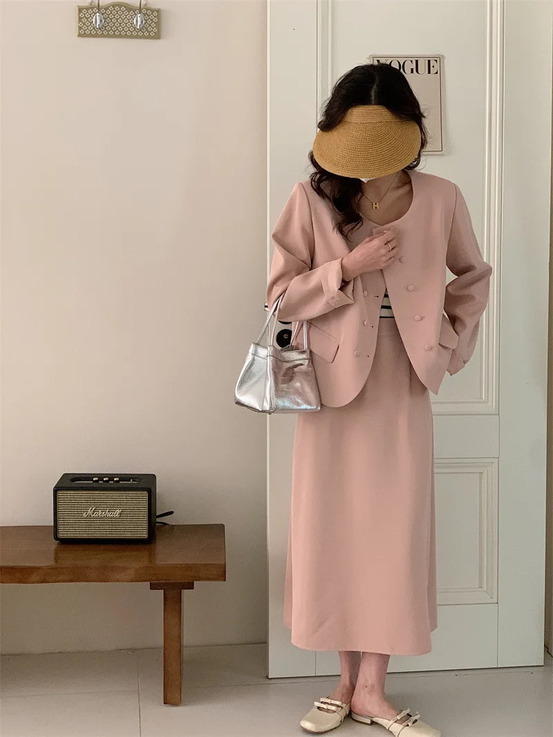Korean Fashion Skirt Suit Women Set Solid Color Doublebreasted Blazer Midlength Paragraph Twopiece Matching Sets 240704