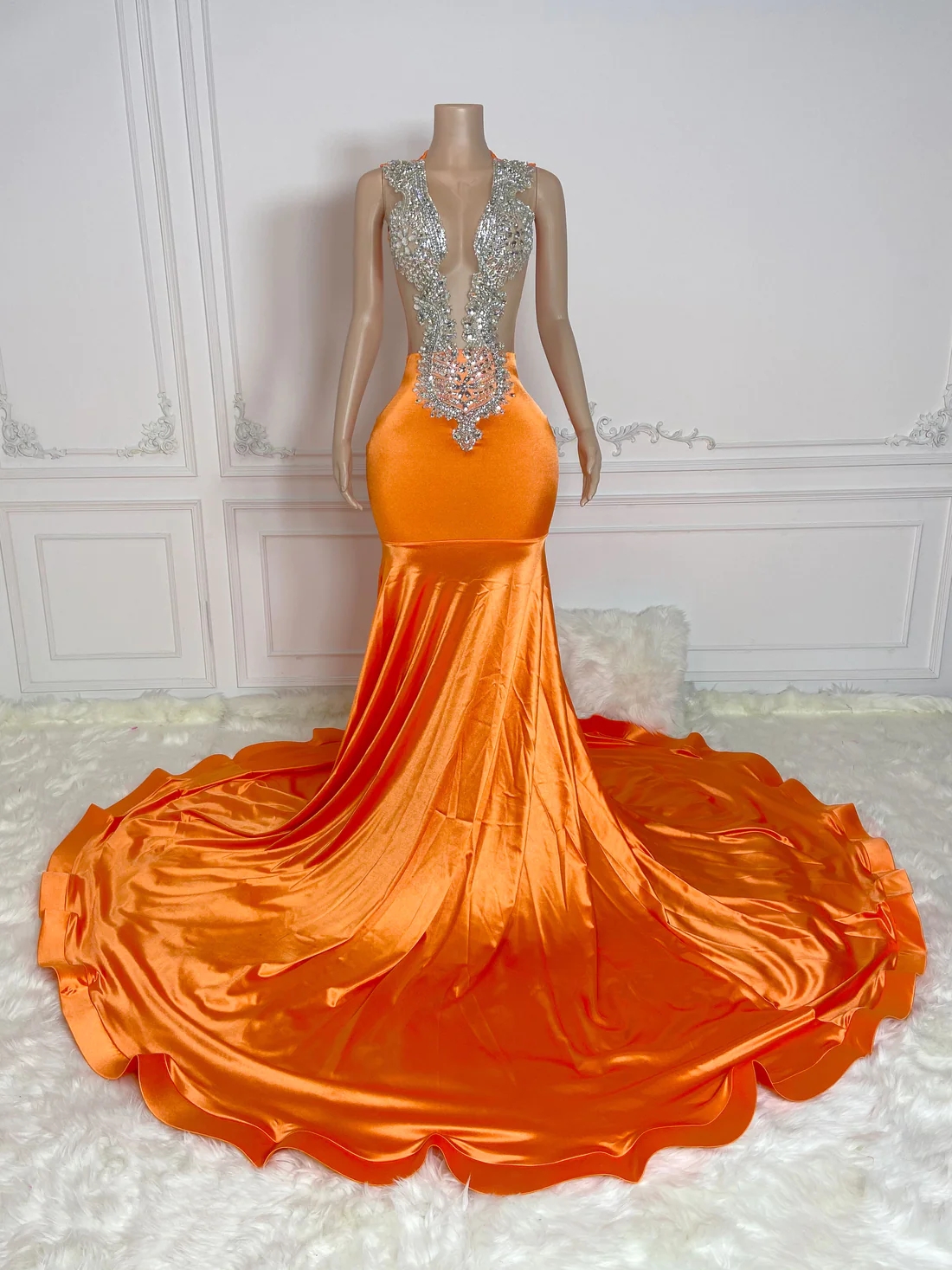 Orange Luxury Sheer Women Long Prom Dresses For Black Girls Sexy Mermaid Diamond African American Prom Gowns Evening Gala Party Dresses