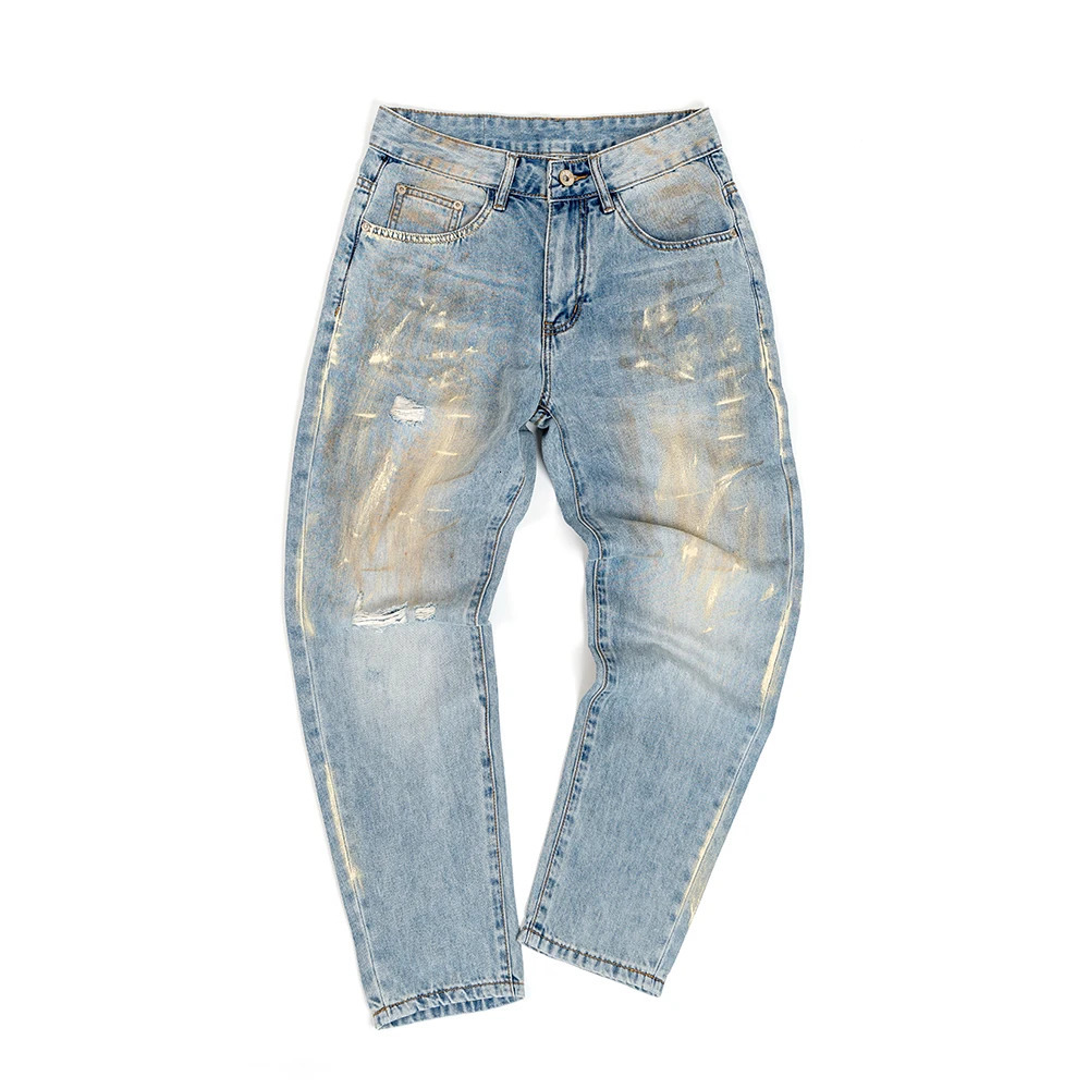 Summer Lyocell Thin Light Blue Denim Jeans for Men Stylish Distressed Ripped Hole Tapered Straight Pants 24ss Y2k Youth Male 240627