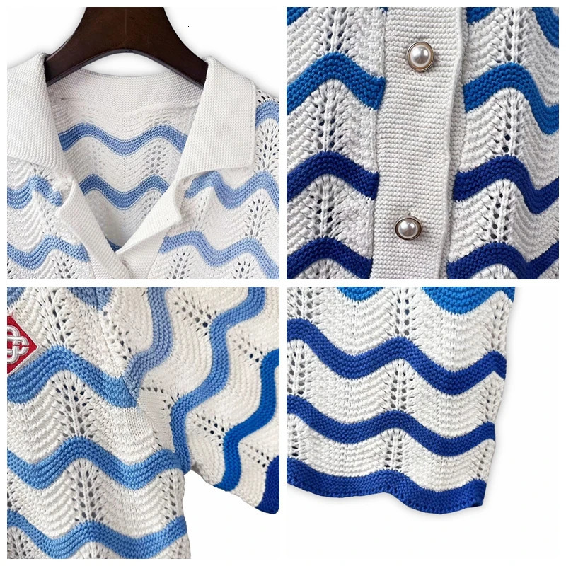 Vintage Y2k Jacquard Short Sleeve Cardigan Sweater Sets Blue Wave Striped Mesh Knit 2 Piece-Set Tracksuit Oversized Summer Beach 240626