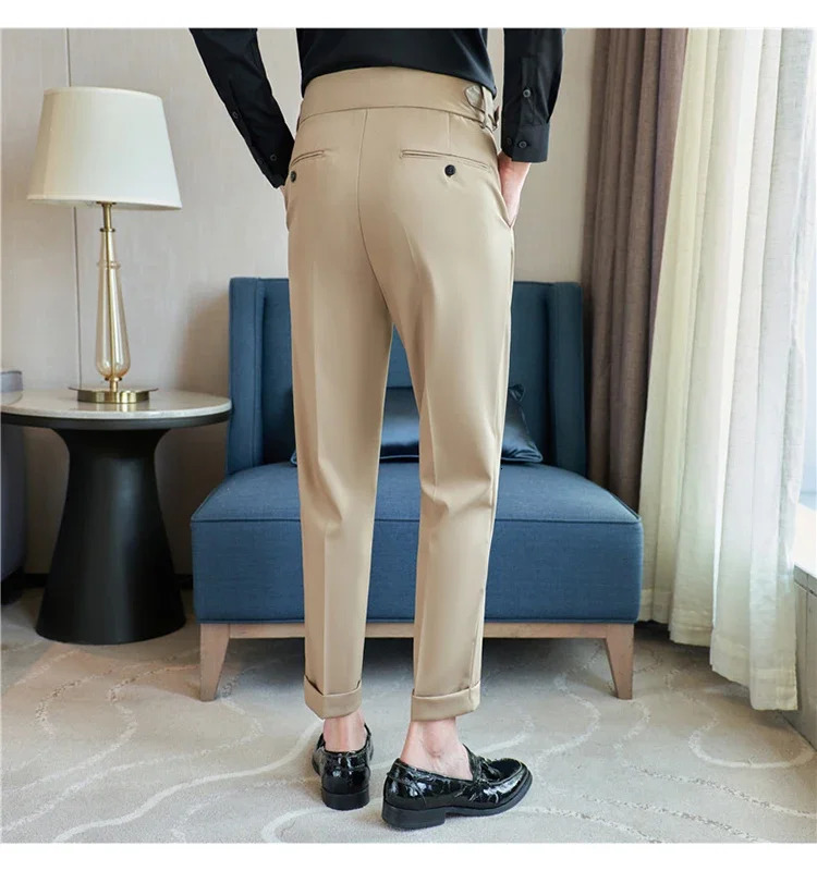 Mens Dress Pants High-quality English Style Solid Casual Slim Fit Trousers High-waisted Business Leisure Formal Pants 38 240701