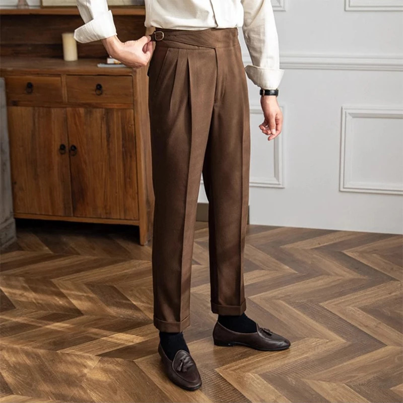 Casual Solid Color Suit Trousers Men Spring Trendy Belt High Waist Pants Male Business Office Fashion Pleated Straight 240702