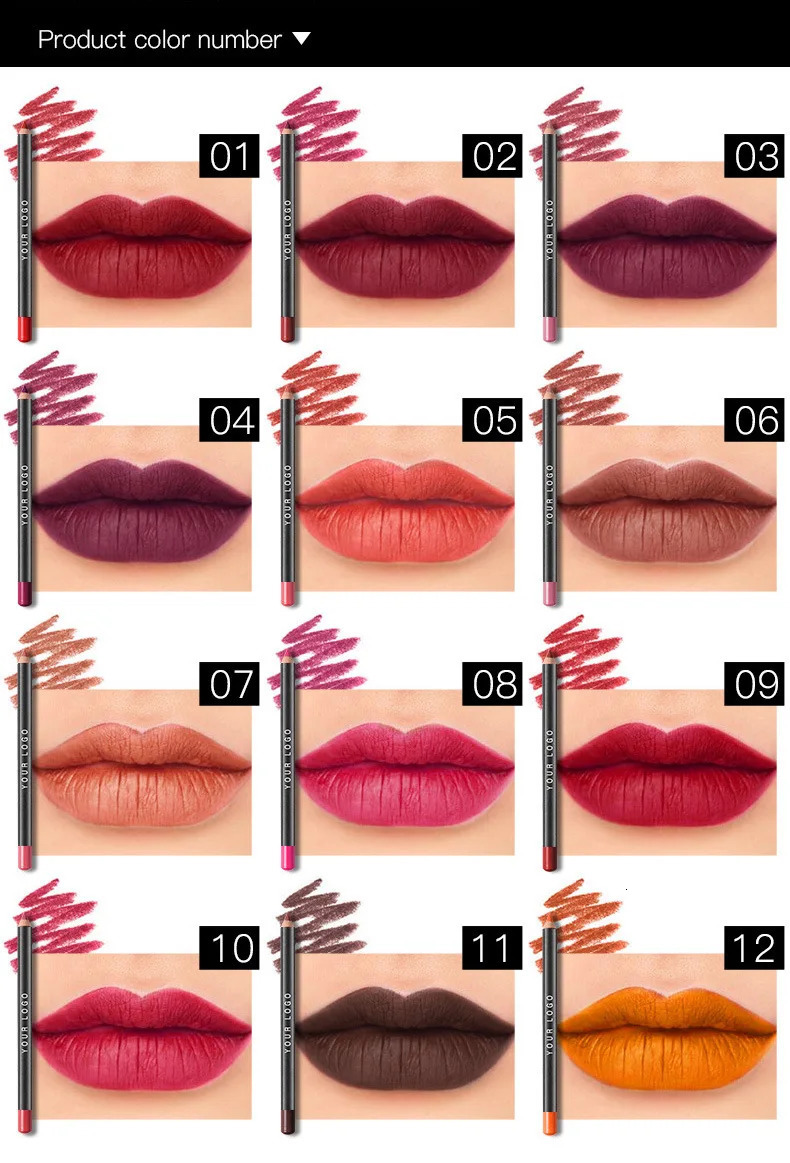12PcsSet Waterproof Lip Pencil Set Matte Lip Liner Long Lasting Makeup Pens Easy to Wear Private Label Makeup Vendor 240705