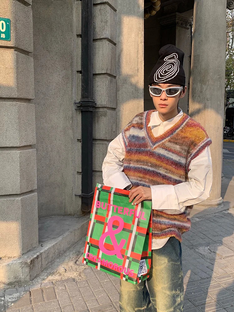 HOUZHOU Vintage Sweater Vest Mens Knitted Sleeveless Men Sweaters Retro V-neck Pullover Blue Japanese Streetwear Harajuku 240704