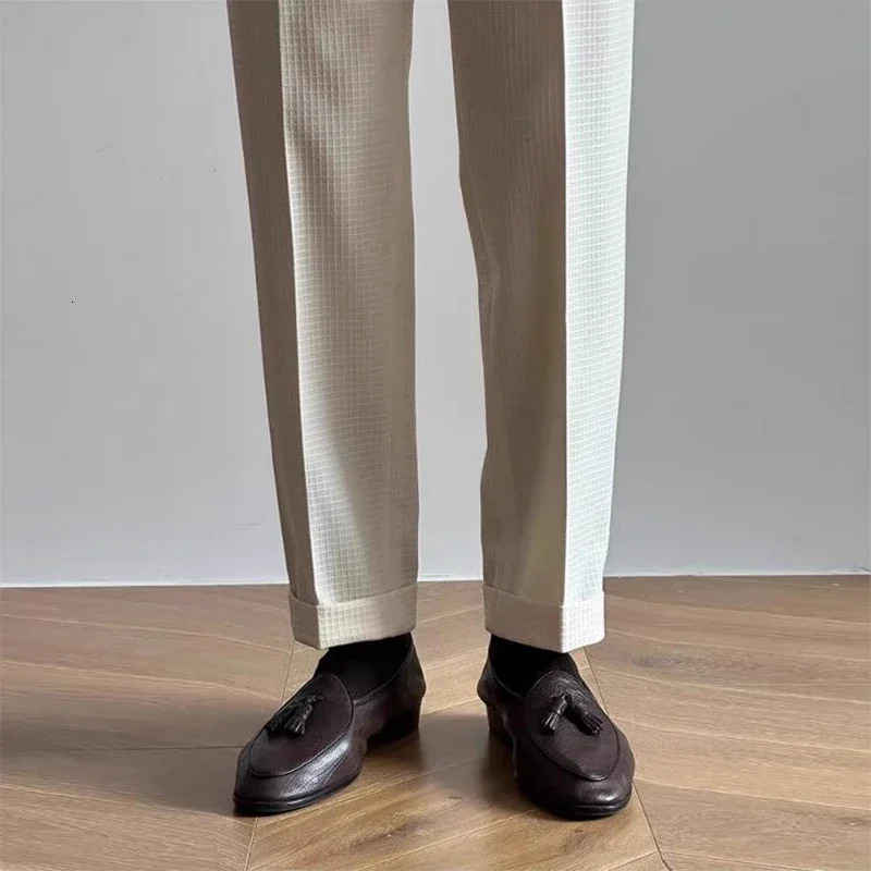 Vintage Belt-up High Waist Trousers Men Spring Summer Fashion Solid Color Waffle Breathable Pants Mens Old Money Aesthetic Pants 240701