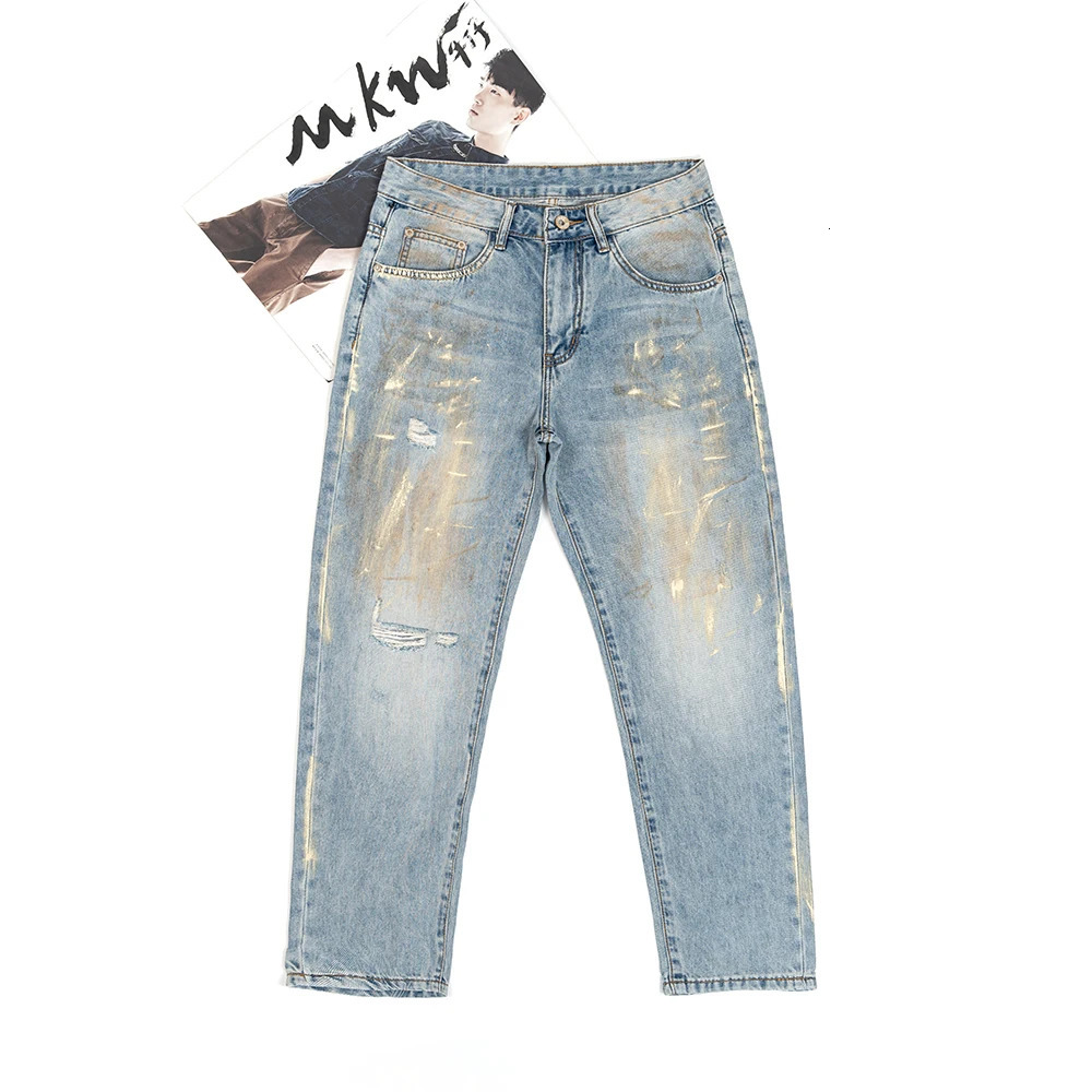 Summer Lyocell Thin Light Blue Denim Jeans for Men Stylish Distressed Ripped Hole Tapered Straight Pants 24ss Y2k Youth Male 240627