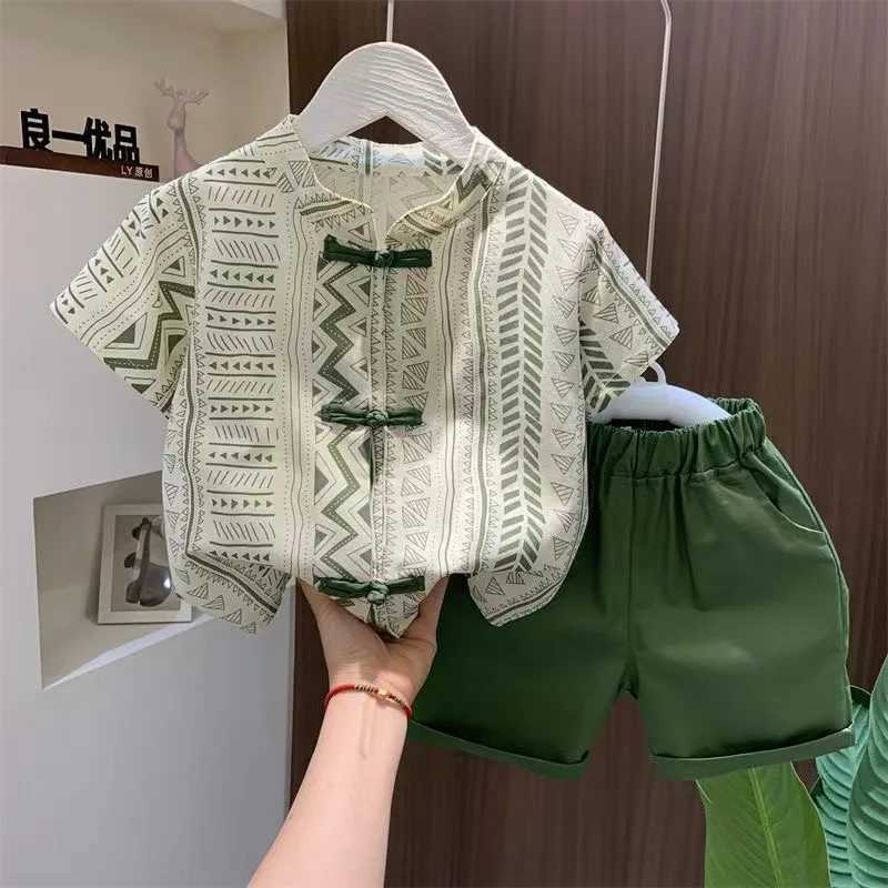 Clothing Sets Boys Summer Set New Chinese Style Set New Childrens Ancient Hanfu Trendy Baby Summer Thin Short sleeved Clothes Two Piece Set