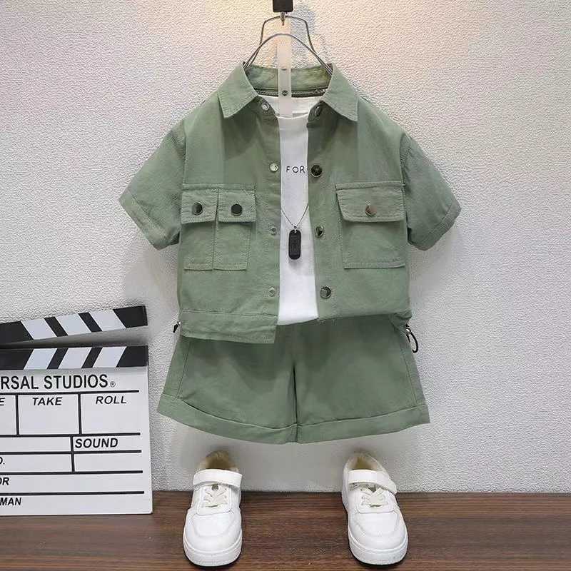 Clothing Sets Boys and Girls Summer Suit Childrens Summer Short Sleeved Boys Academy Style Handsome Workwear Two piece Set Trendy 2 4 6 8 9 Y