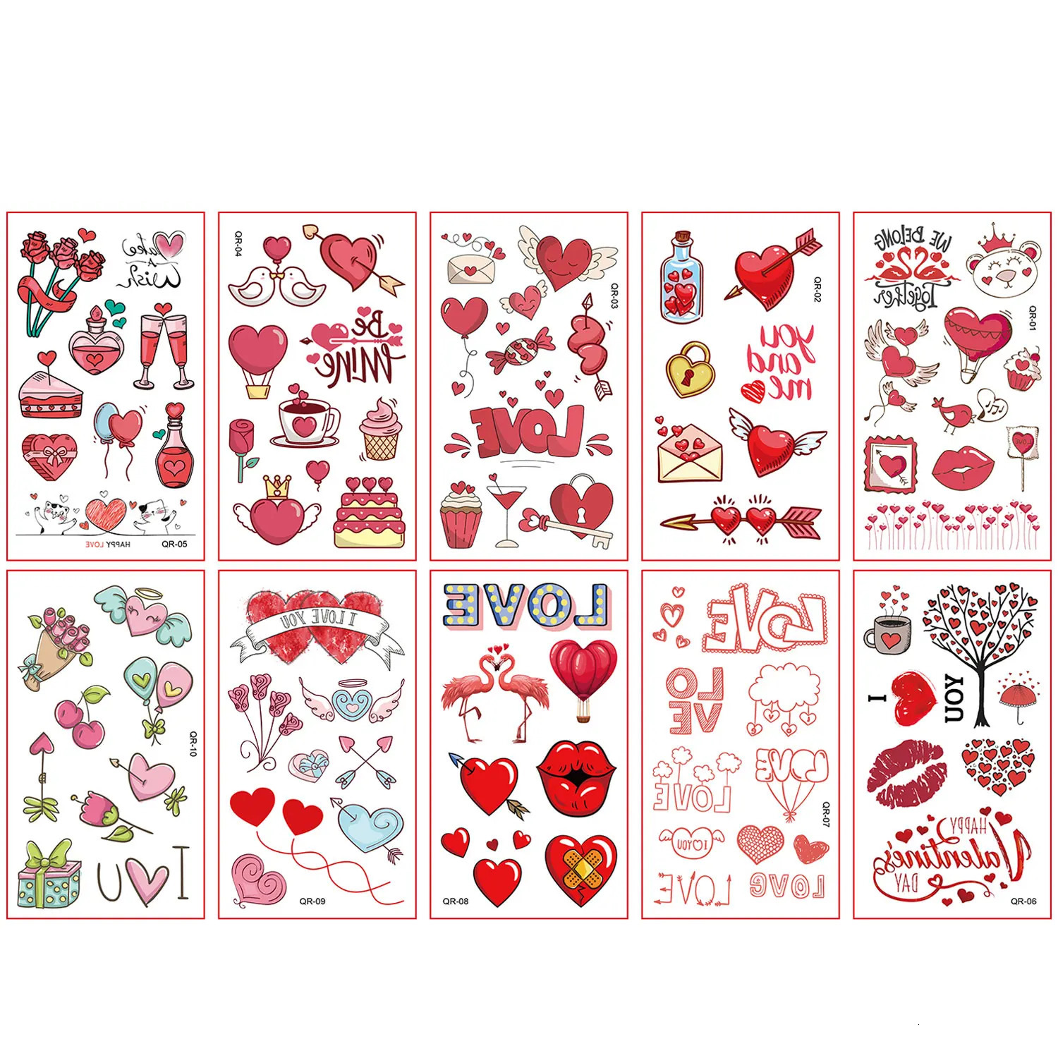 10 Valentines Day couple tattoo stickers rose love heart gift cake pattern temporary tattoo waterproof for 2-5 days 240705