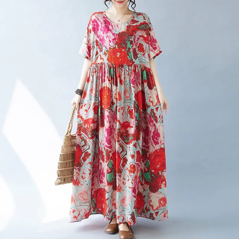 Women Casual Long Dress Arrival Summer Vintage Style Oneck Floral Print Loose Female Aline Holiday Dresses B3705 240628