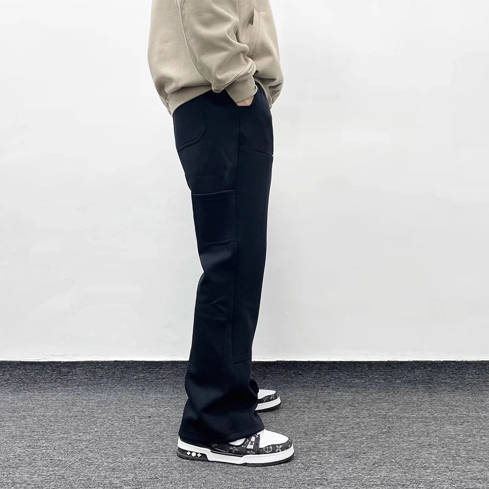 American Streetwear Gray Flared Sweatpant Men Double Knee Patch Micro Flare Overalls Harajuku Casual Patchwork Sweat Pants Black 240701