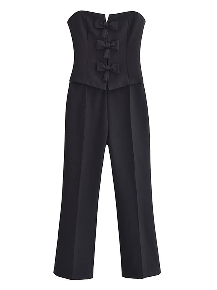 Elegant Sleeveless Bow Hollow Out Women Jumpsuit Chic Slim High Waist Jumpsuits 2024 Spring Summer Lady Office Black Streetwear 240703
