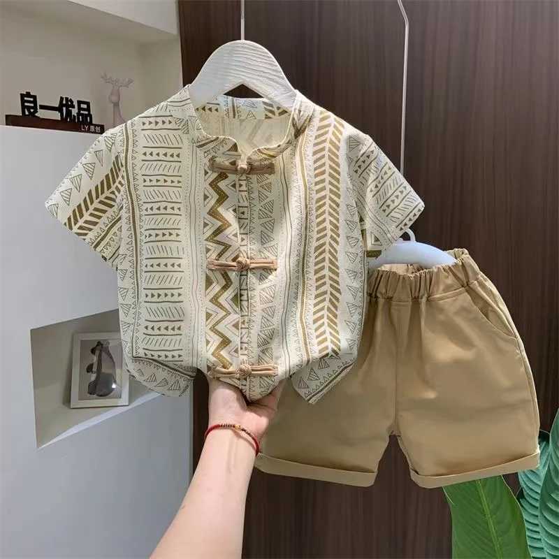 Clothing Sets Boys Summer Set New Chinese Style Set New Childrens Ancient Hanfu Trendy Baby Summer Thin Short sleeved Clothes Two Piece Set