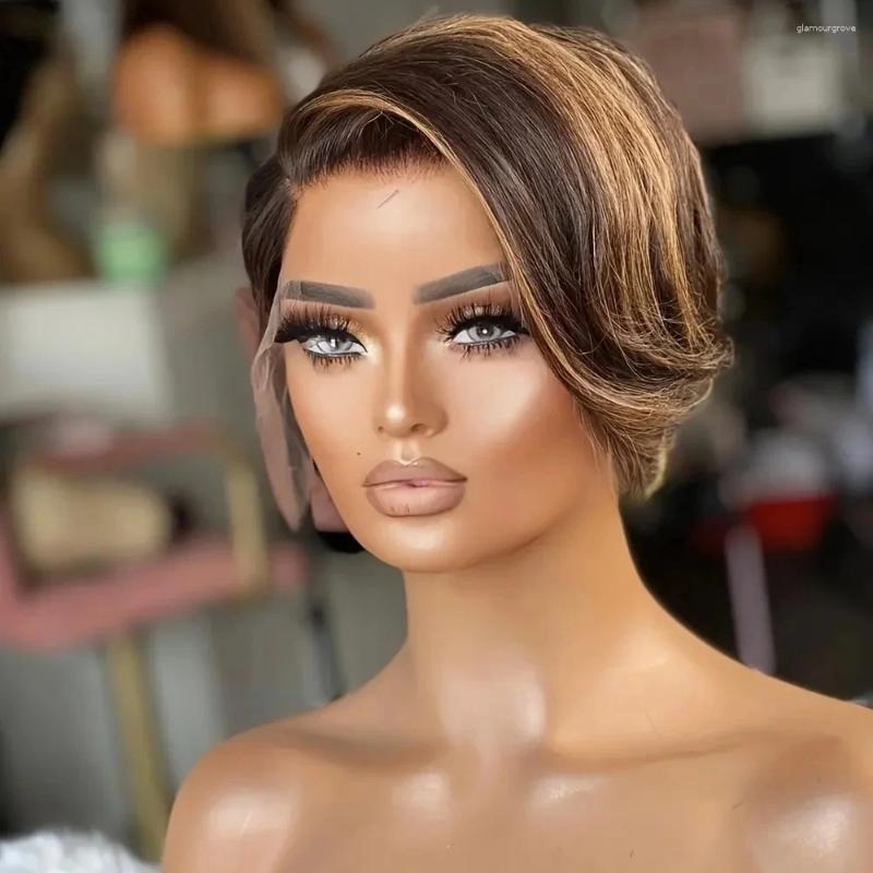 13x4x1 Highlight Pixie Cut Lace Front Wigs Human Hair For Black Women Side Part Short Bob Glueless 6 Inch