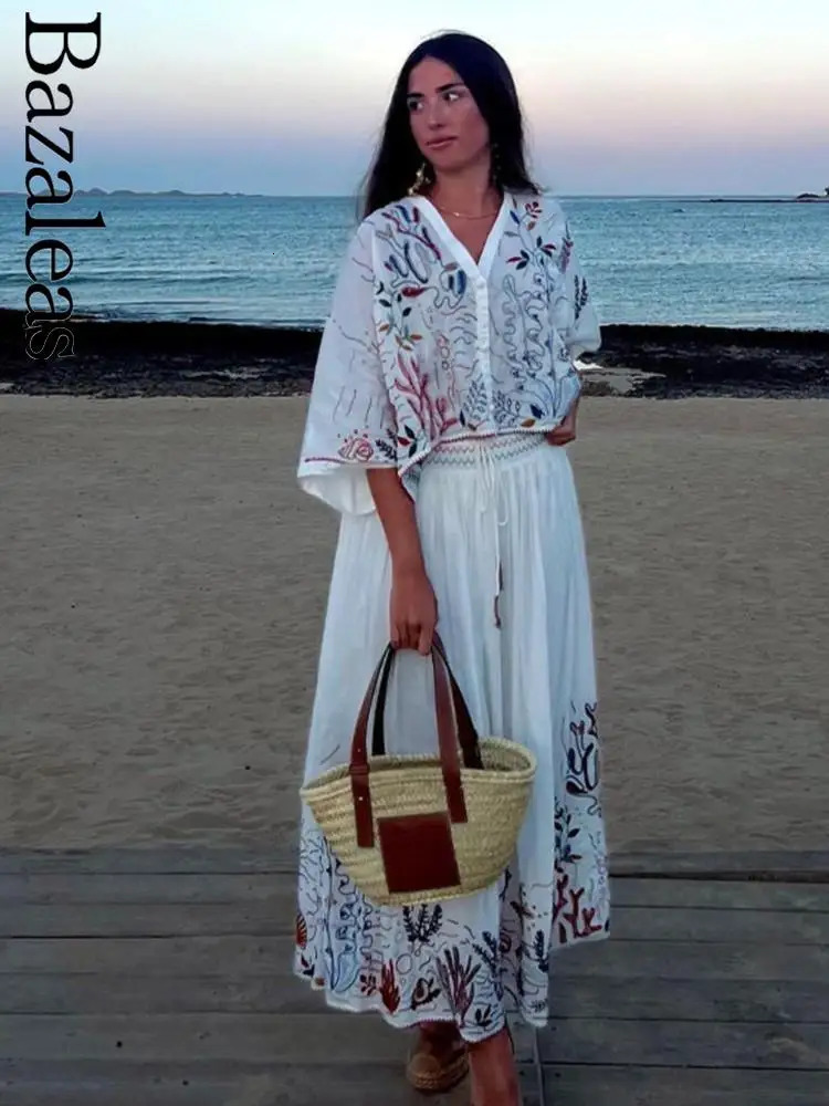 Bazaleas Store Traf womens Top Skirt 2 Pieces Sets Embroidery Set Suit Official Clothing 240704