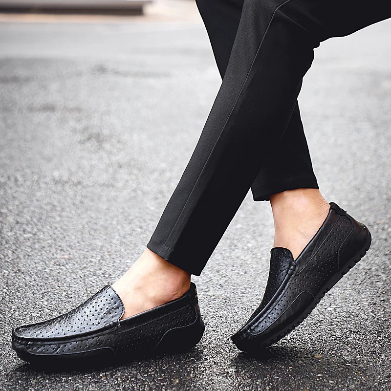 mens casual leather shoes breathable holes summer leather mens soft-soled moccasin shoes hollow driving shoes BTMOTTZ 240705