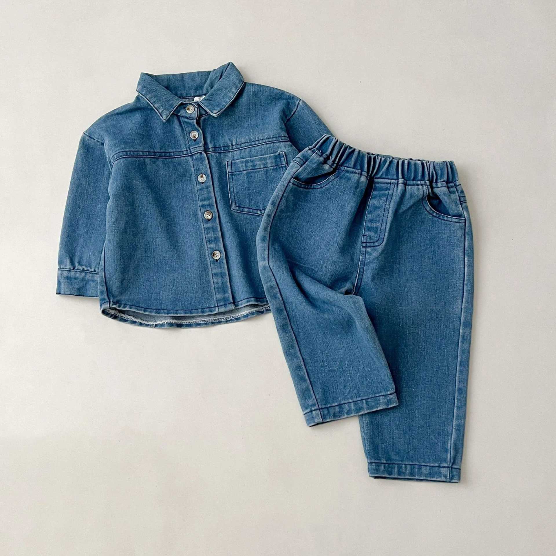 Clothing Sets 2023 New Spring Autumn New Wear Children Denim Set Boy Girl Retro Long Sleeve Top Denim Pants Children 2 Piece Casual Sets
