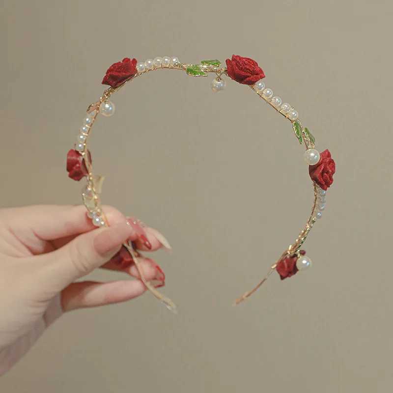 Headbands Red White Simulated Flower Rose Wedding Hair Accessories Hairband 2023 New French Romantic Spring Leaves Headdress Hair Hoops