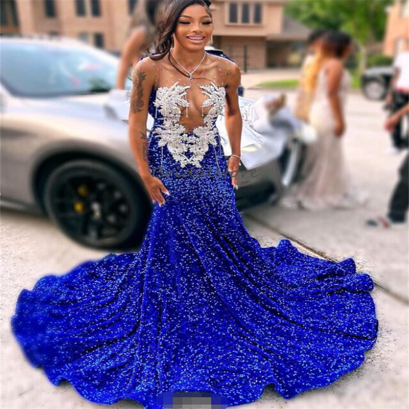 Sparkle Blue Sequin Prom Dresses With Crystal Sheer Neck Beaded Mermaid Evening Dress Luxury Open Back Birthday Sixteen Formal Occasion Shine Party Ve
