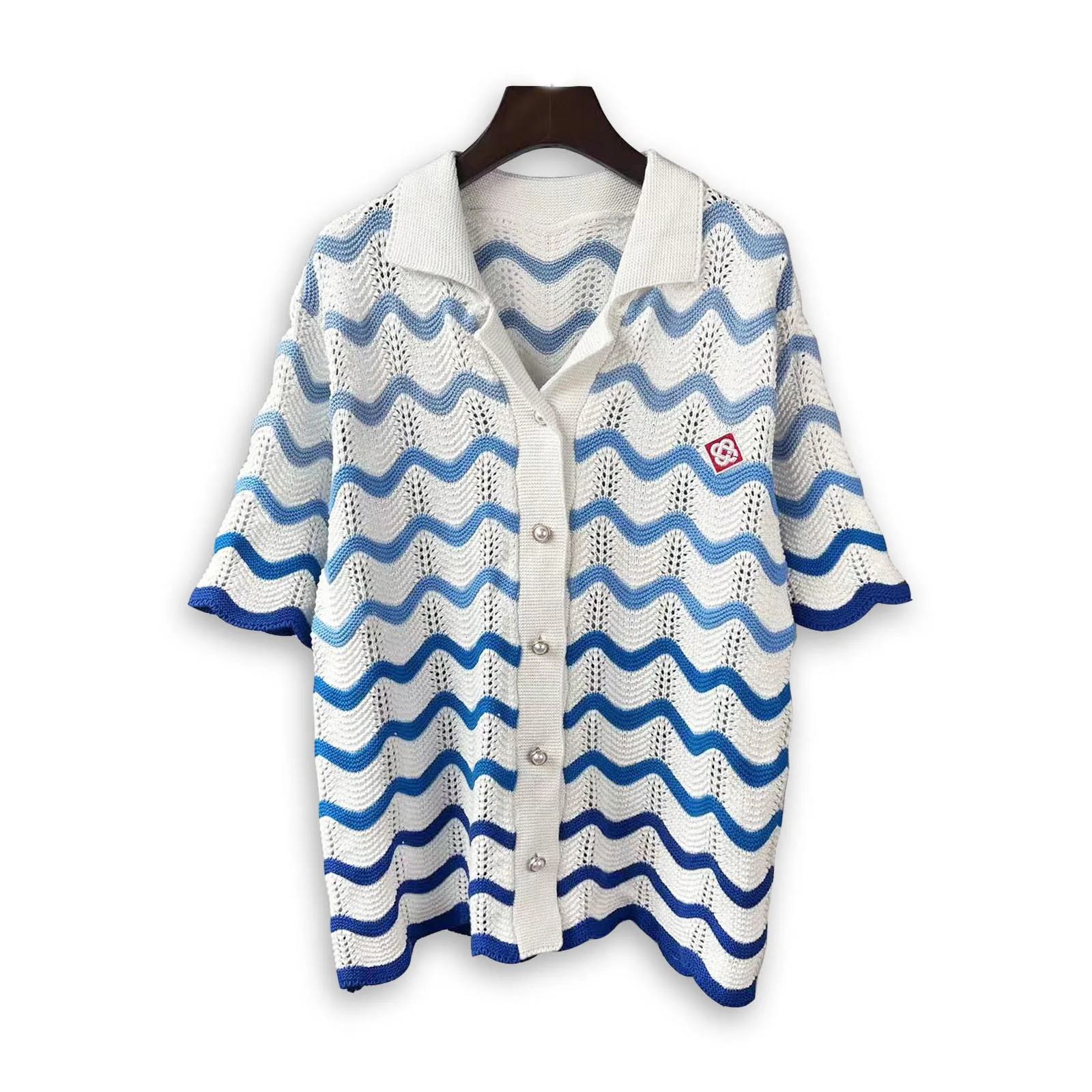 Vintage Y2k Jacquard Short Sleeve Cardigan Sweater Sets Blue Wave Striped Mesh Knit 2 Piece-Set Tracksuit Oversized Summer Beach 240626