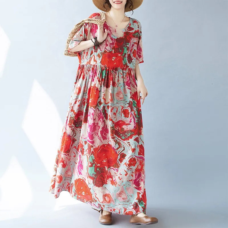 Women Casual Long Dress Arrival Summer Vintage Style Oneck Floral Print Loose Female Aline Holiday Dresses B3705 240628