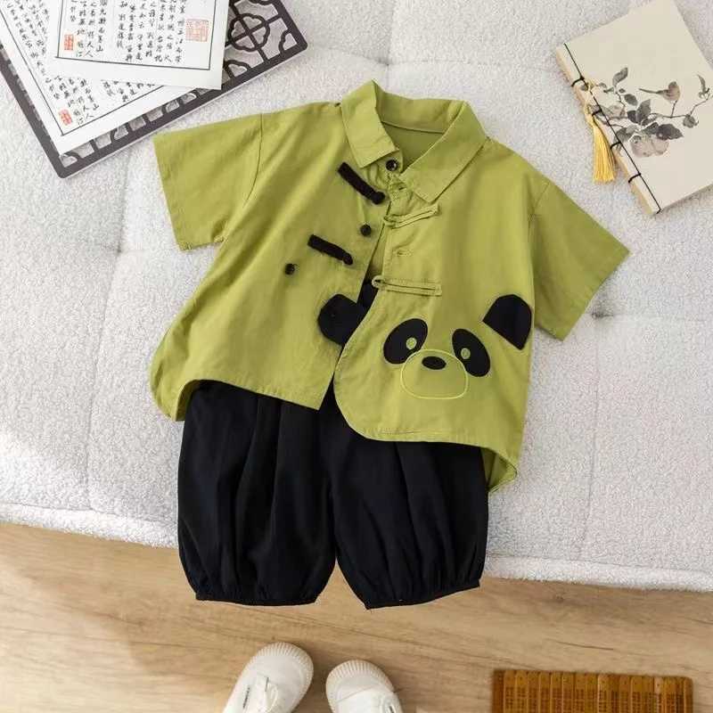 Clothing Sets 2024 Boys Summer Cartoon Set Baby Chinese Set Fashion Panda Pankou Short Sleeve+Shorts Summer Two Piece Set