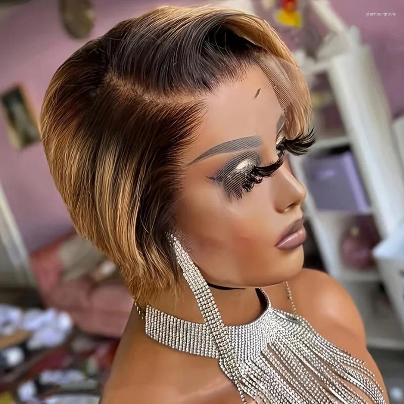 13x4x1 Highlight Pixie Cut Lace Front Wigs Human Hair For Black Women Side Part Short Bob Glueless 6 Inch