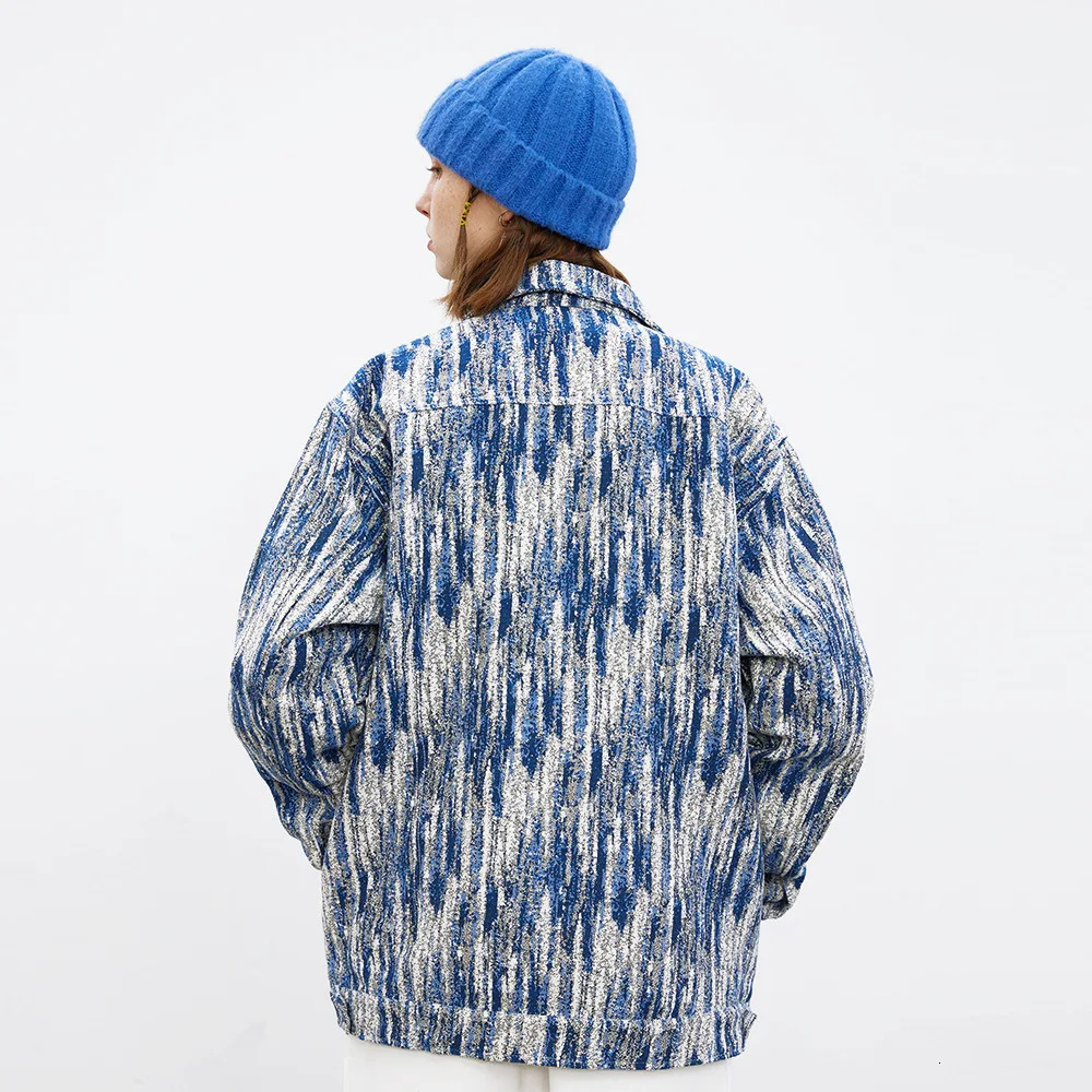 Hip Hop Tie Dye Gradient Denim Jacket Mens and Womens Oversized Casual Thick Thread Woven Jacquard Jacket European and American 240701