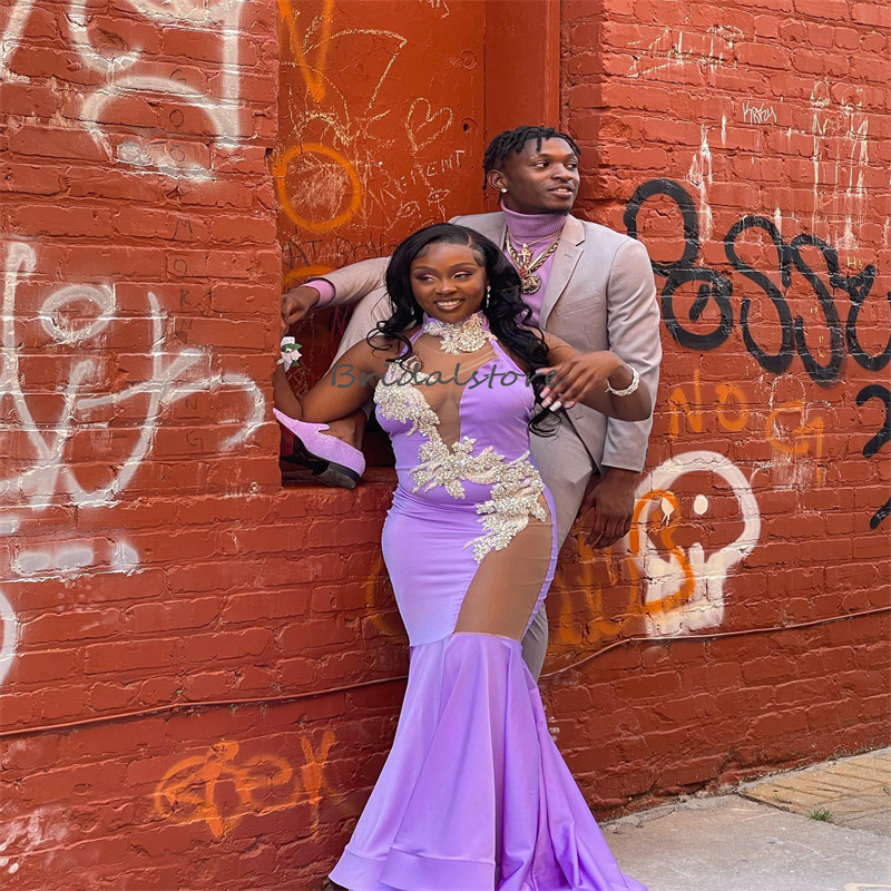 Light Purple Mermaid Prom Dresses For Black Girls See Through Crystal African Nigeria Evening Dress Elegant Formal Birthday Dress Charming Vestio De F
