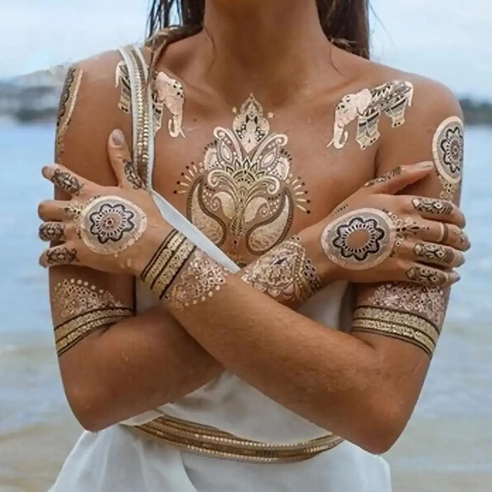 Temporary Tattoo Sticker Childrens Tattoo Black Body Art False Tattoo Bracelet Pattern Gold Metal Transfer Tattoo Sticker 240705