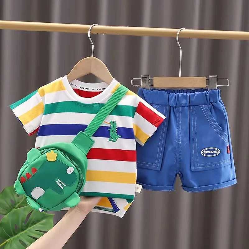 Clothing Sets Summer Cute Cartoon Dinosaur Fashion Children O-neck T-shirt+Shorts+Bag Toddler Baby Boys Girls Clothes Set New Kids Tracksuits 81U3
