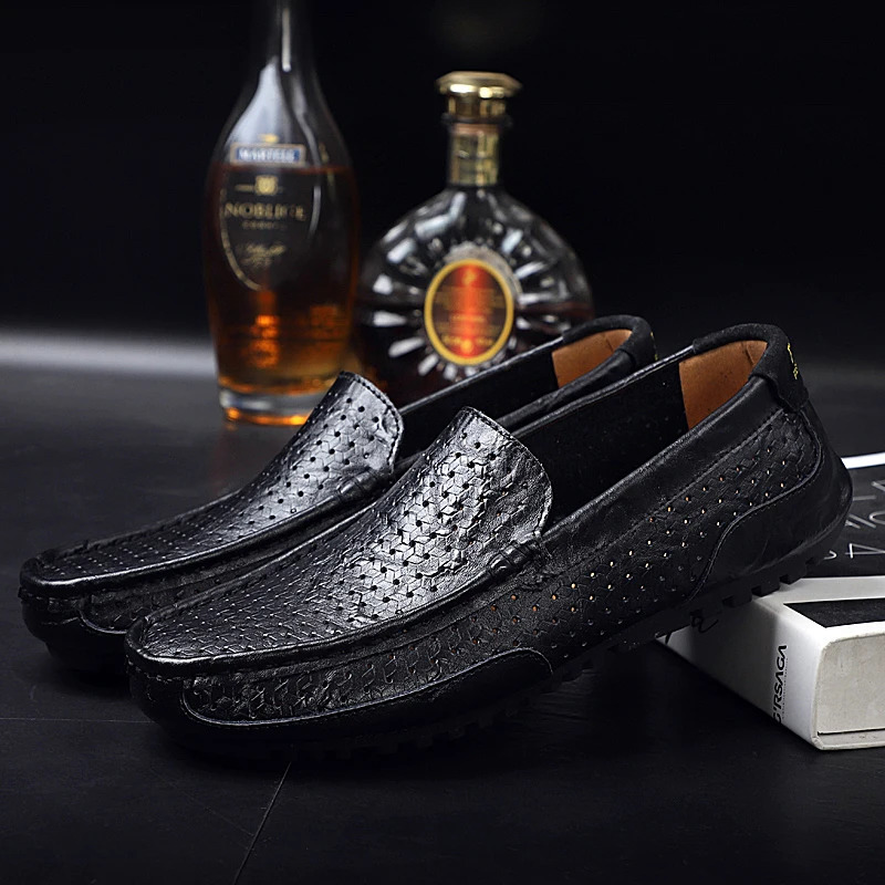 mens casual leather shoes breathable holes summer leather mens soft-soled moccasin shoes hollow driving shoes BTMOTTZ 240705