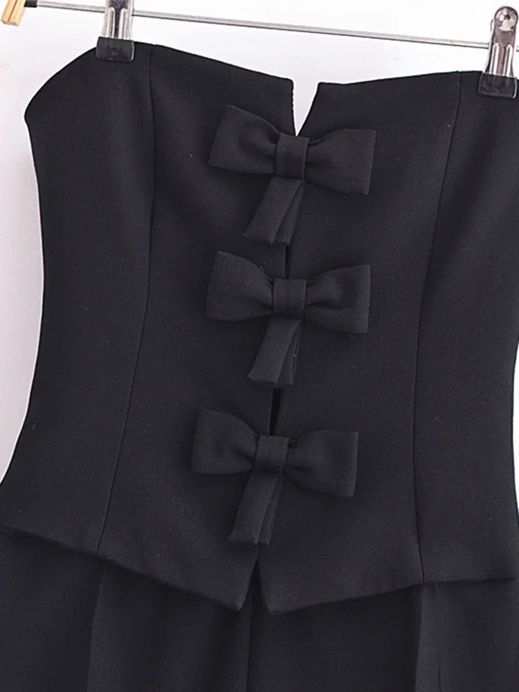 Elegant Sleeveless Bow Hollow Out Women Jumpsuit Chic Slim High Waist Jumpsuits 2024 Spring Summer Lady Office Black Streetwear 240703