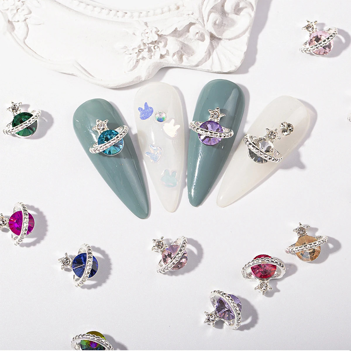 60pcs/1 box of 12 alloy colorful planet studs with diamond decorations and cosmic elements planet studs with metal decorations 240705