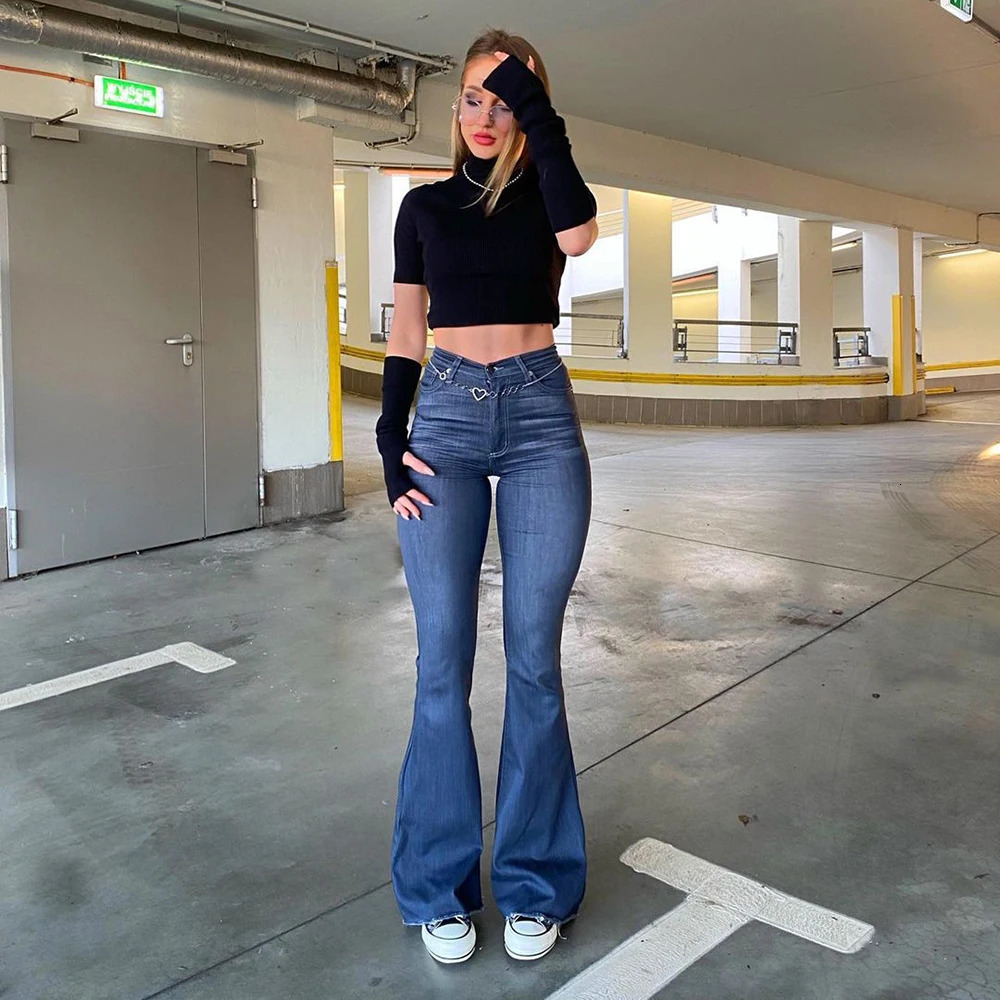 Fashion Women Pants High Waist Flared Jeans Blue Skinny Streetwear Y2k Vintage Quality Harajuku Boyfriend Clothing Female 240704