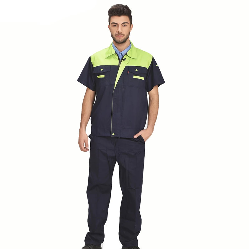 Men Women Summer Workwear Factory Workshop Uniforms Work Clothes Set Short-sleeve Coveralls Contrast Color 240704