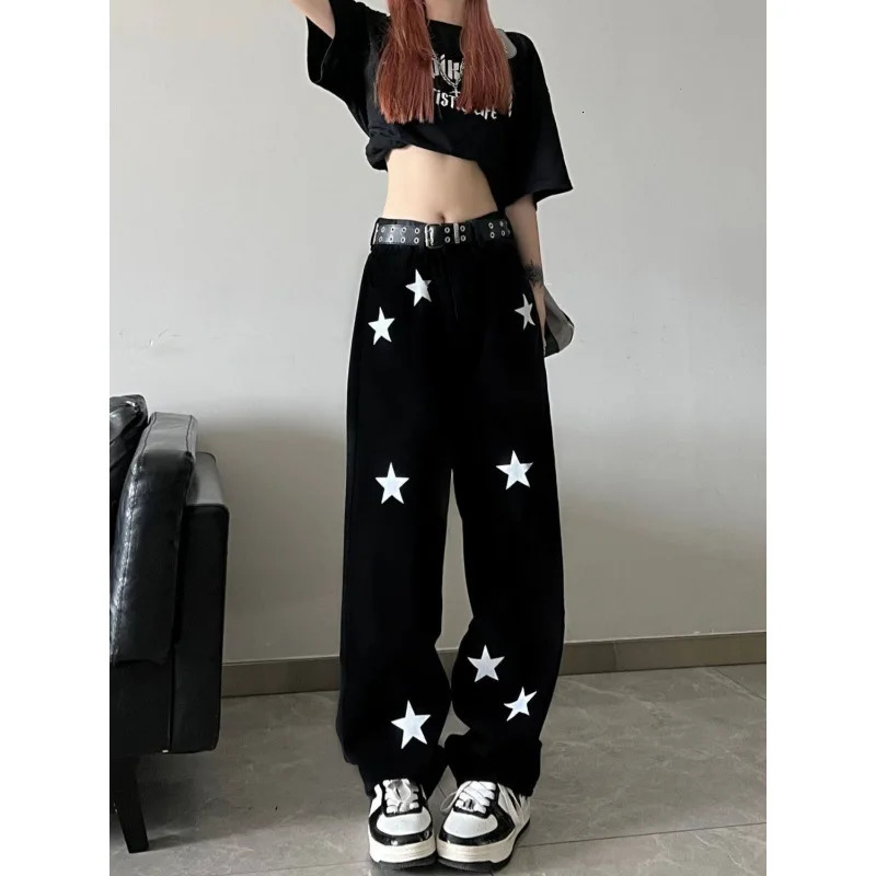 High Street Star Print White Black Jeans Womens Denim Pants Korean Fashion Streetwear Y2k Clothes Pant Clothing High Waist 240704