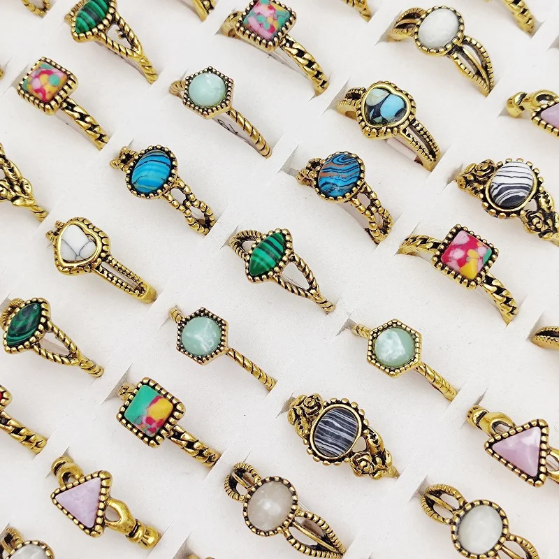 20/30/50Pcs/Lot Vintage Pine Stone Rings for Women Wholesale Mix Bohemian Style Antique Gold Color Ethnic Joint Men Jewelry Gift 240626