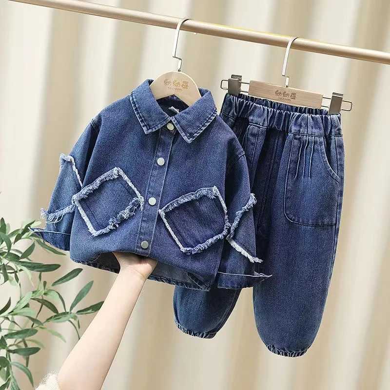 Clothing Sets Childrens Spring and Autumn Clothing Set 2024 New Fashionable Boys and Girls Cowboy Two Piece Set for Boys Thin Top