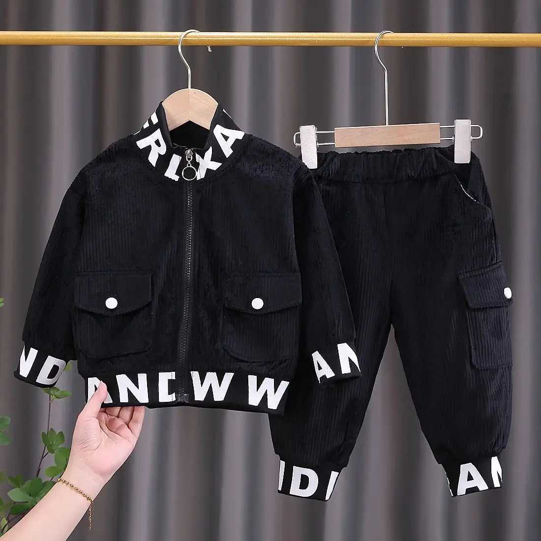 Clothing Sets Children Clothing 2024 New Baby Autumn Clothes For Kids Boys Girls Letter Standing Collar Corduroy Jackets+Pants Outfit 2PCS Set