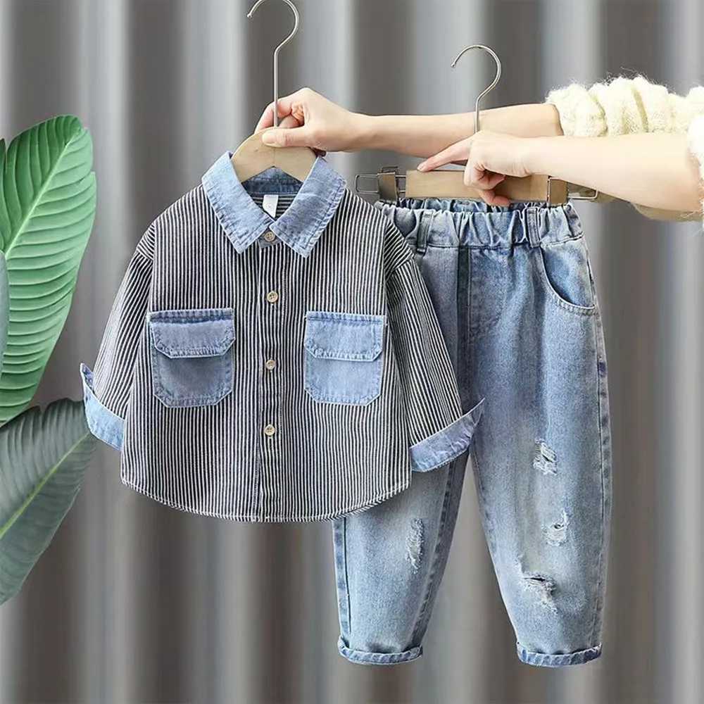 Clothing Sets Boys Spring and Autumn Clothing Set 2024 New Fashionable Childrens Korean Edition Fashion Boys Shirt Two Piece Set Kids Outfits