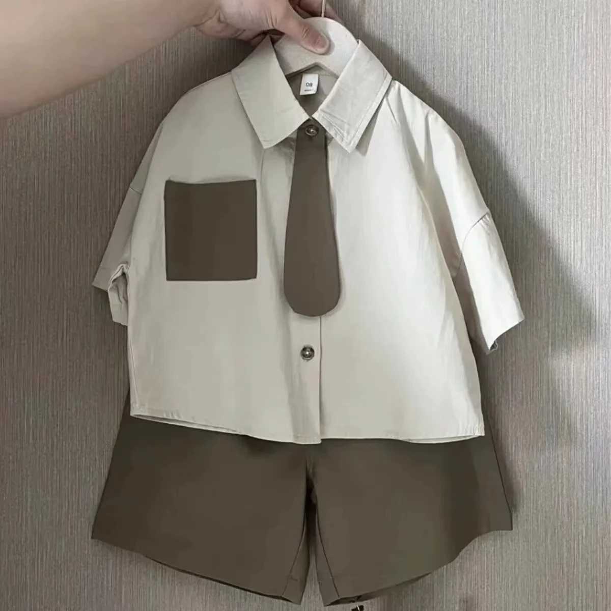 Clothing Sets Boys Clothing Summer Shirts 2024 New Neckties Childrens Shorts Trendy Summer Clothing Handsome Little Boys College Style