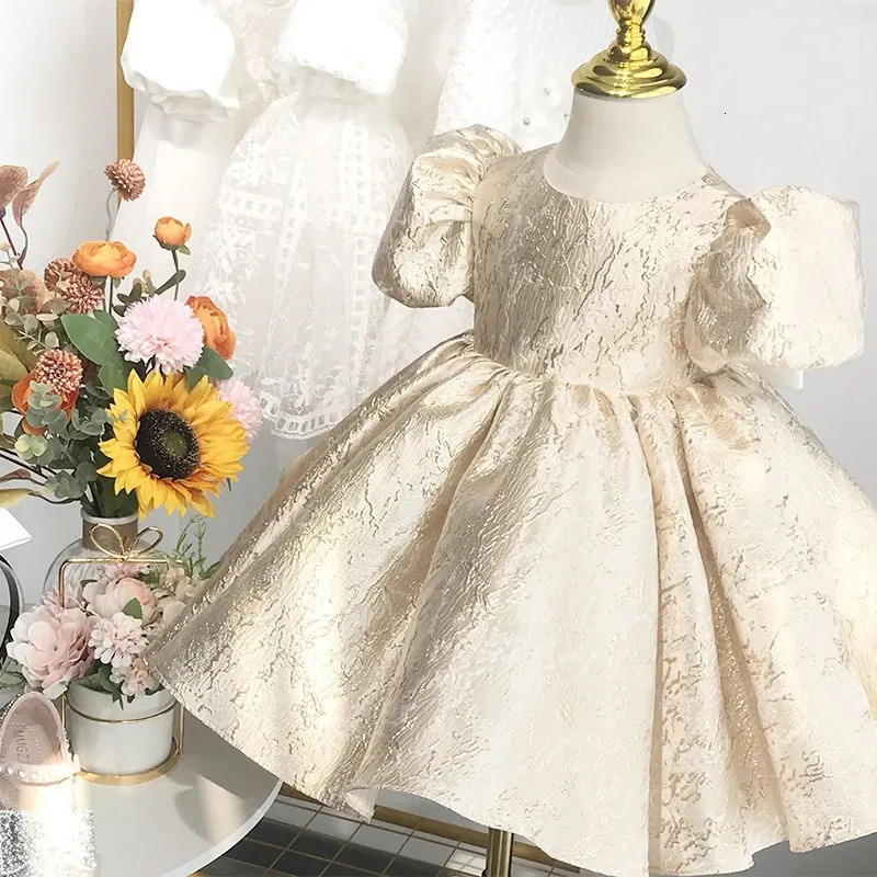 Baby Girl Princess Dress with Puff Sleeves Baby Toddler Youth Bow Visco Gold Party Birthday Ball Dress Christmas Baby Clothing 1-14Y 240704
