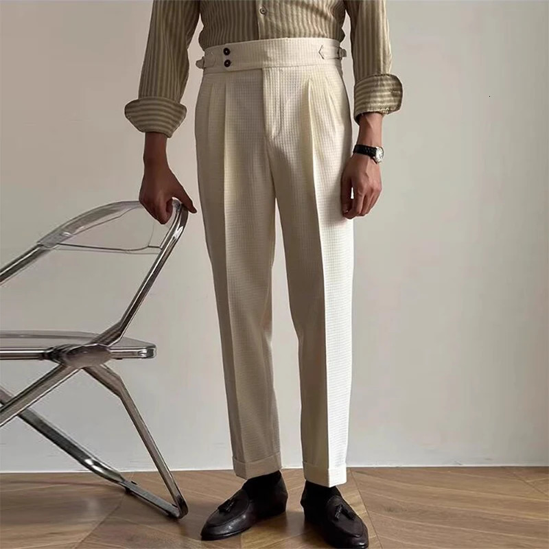 Vintage Belt-up High Waist Trousers Men Spring Summer Fashion Solid Color Waffle Breathable Pants Mens Old Money Aesthetic Pants 240701
