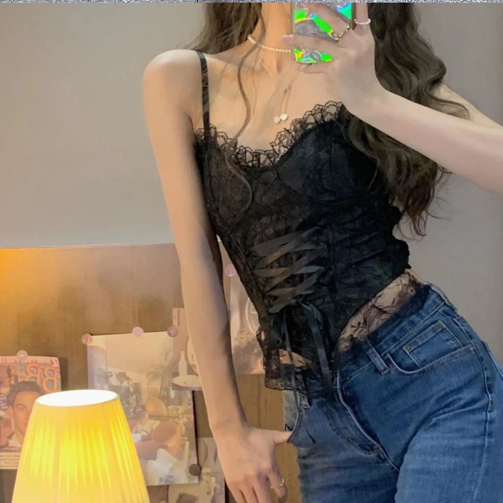 Y2k Clothes Blouses Sexy Crop Tops Women Corset Lace Bandage T-shirt Camisole Woman Sling Tank Top Fashion Sleeveless Waistcoat 240703