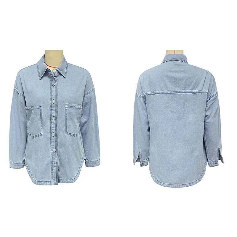 Light Blue Denim Coat Jackets Long Sleeve Y2K Fashion Denim Jackets Women All-Match Double Pocket Loose Jackets 240704