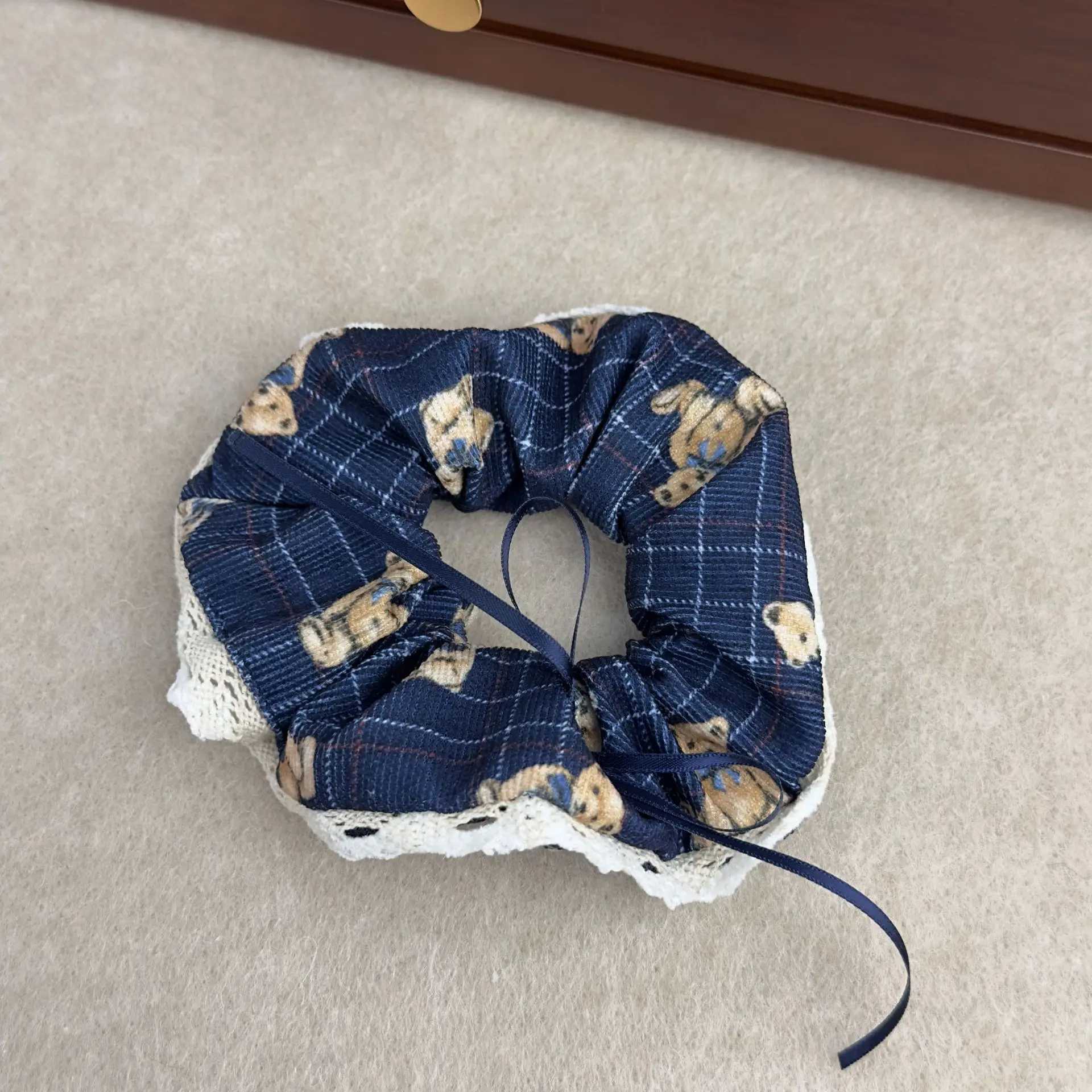 Headbands Korean Teddy Bear Fabric Lace Scrunchies Hairband 2024 Cute Girl Ribbon Vintage Striped Headband Cartoon Bear Hair Accessories