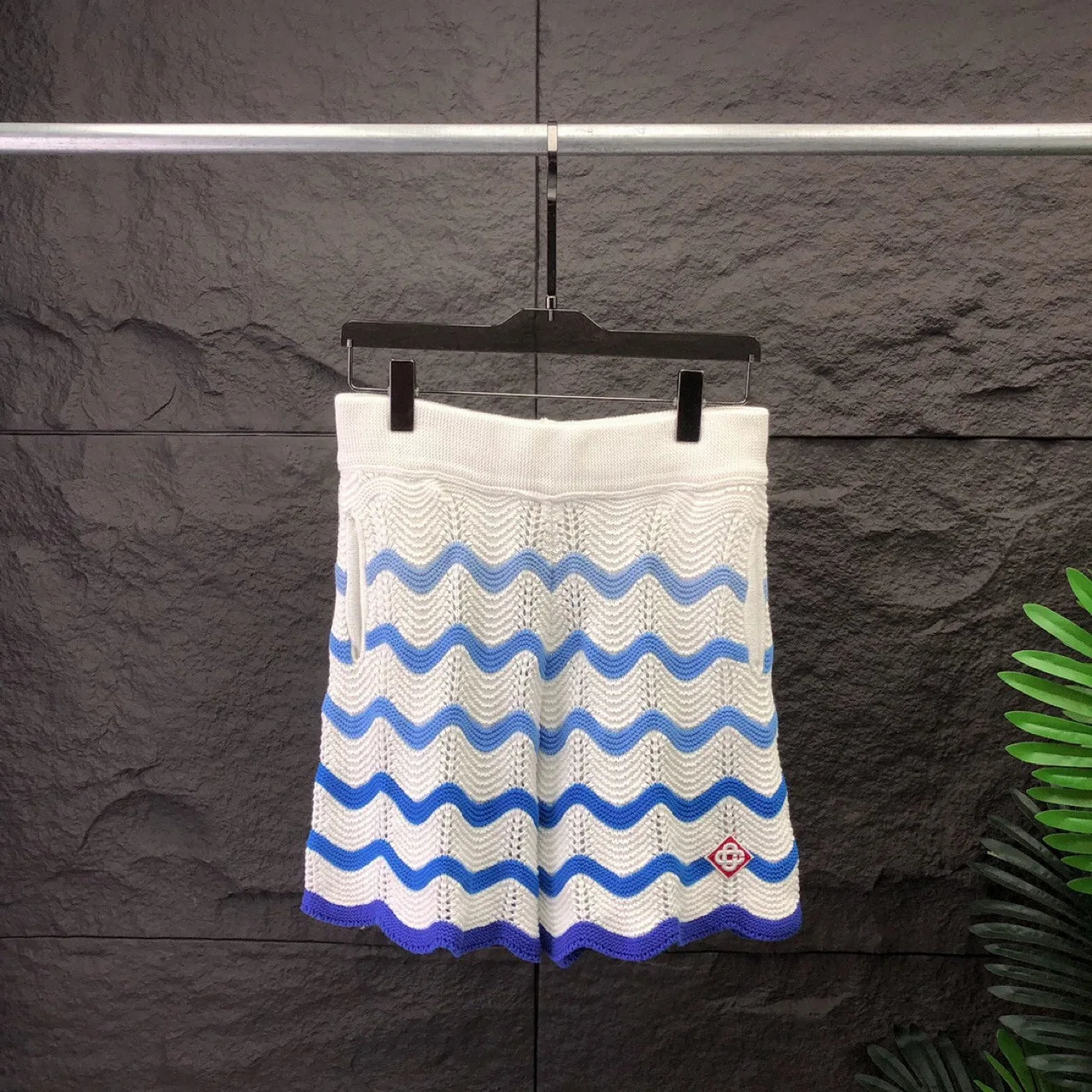 Vintage Y2k Jacquard Short Sleeve Cardigan Sweater Sets Blue Wave Striped Mesh Knit 2 Piece-Set Tracksuit Oversized Summer Beach 240626