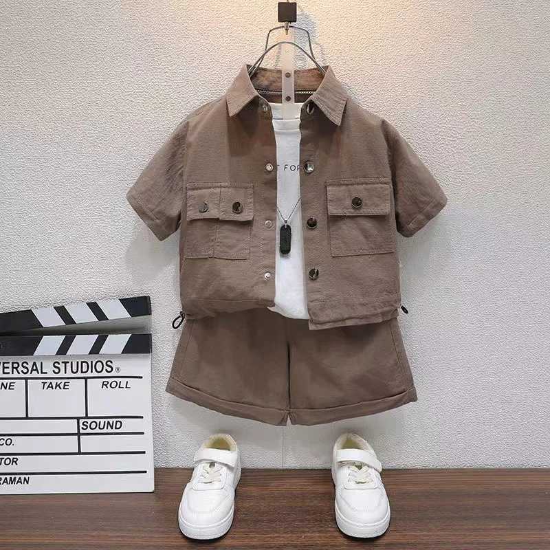 Clothing Sets Boys and Girls Summer Suit Childrens Summer Short Sleeved Boys Academy Style Handsome Workwear Two piece Set Trendy 2 4 6 8 9 Y
