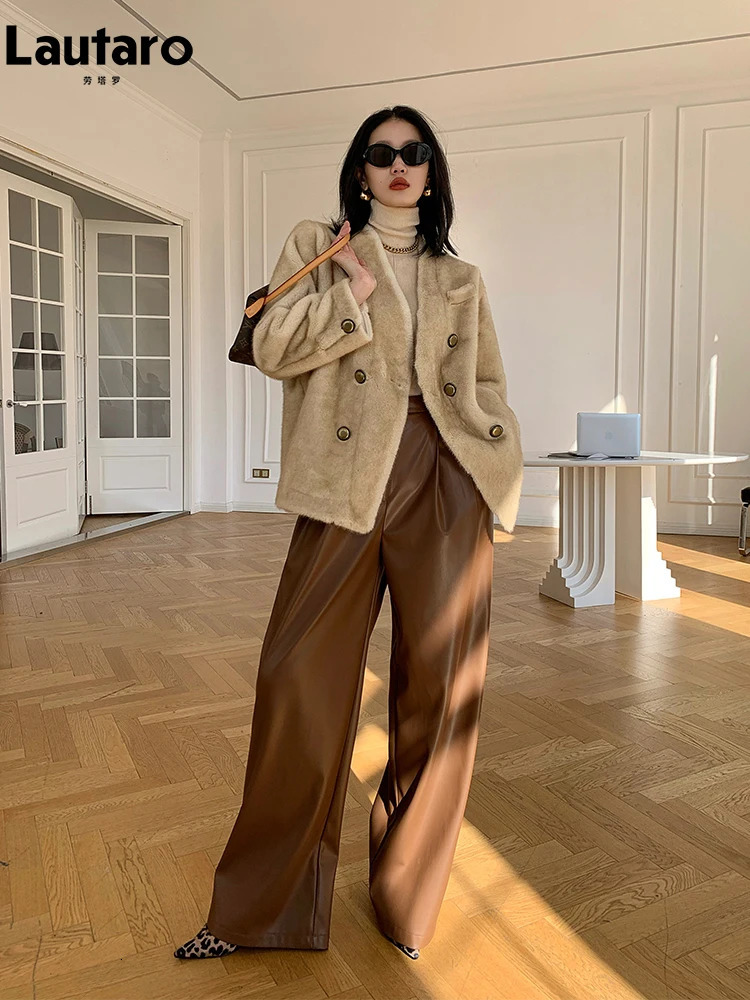 Lautaro Spring Autumn Loose Casual Soft Black Burgundy Pu Leather Wide Leg Pants for Women High Waist Korean Style Fashion 240704